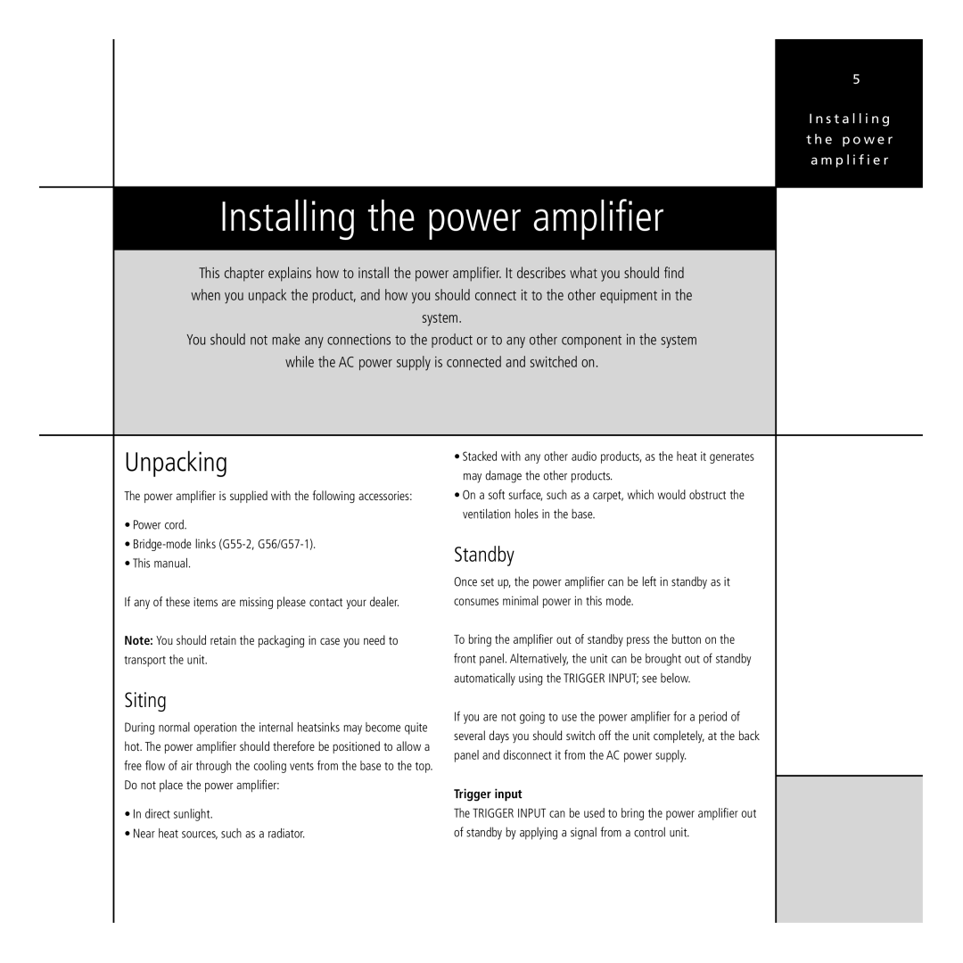 Meridian Audio G Series manual Unpacking, Standby, Siting, Direct sunlight Near heat sources, such as a radiator 