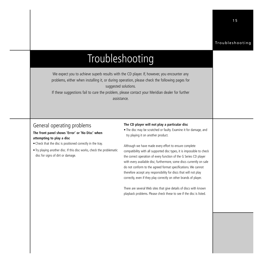 Meridian Audio G Series manual Troubleshooting, General operating problems, CD player will not play a particular disc 