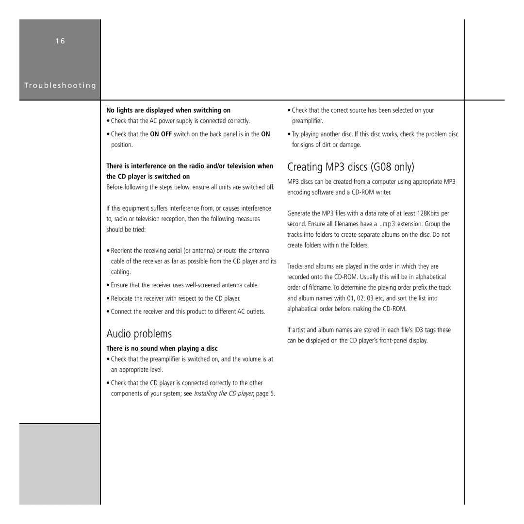 Meridian Audio G Series manual Audio problems, Creating MP3 discs G08 only, No lights are displayed when switching on 