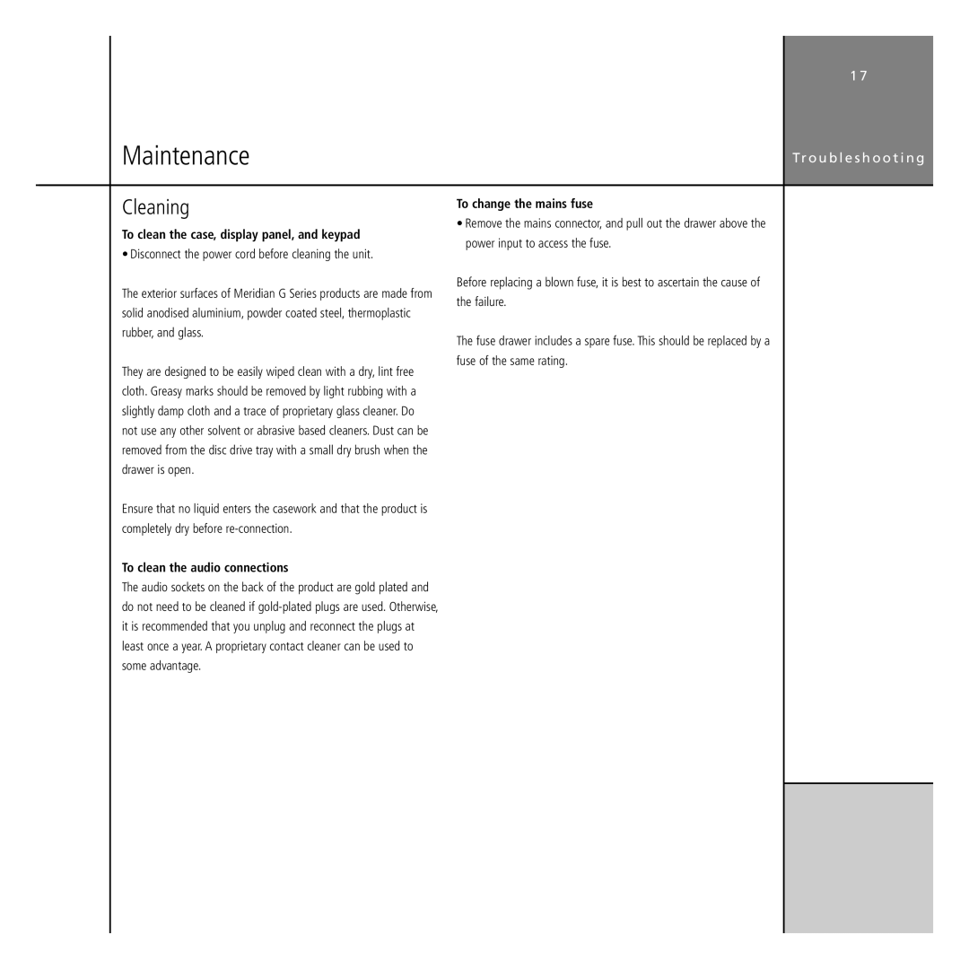 Meridian Audio G Series Maintenance, Cleaning, To clean the case, display panel, and keypad, To change the mains fuse 