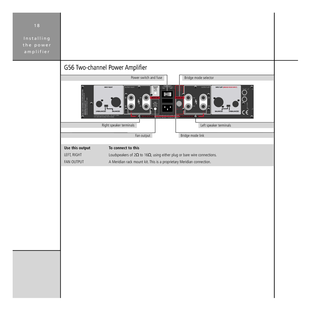 Meridian Audio G Series manual G56 Two-channelPower Amplifier, Left, Right, Fan Output 