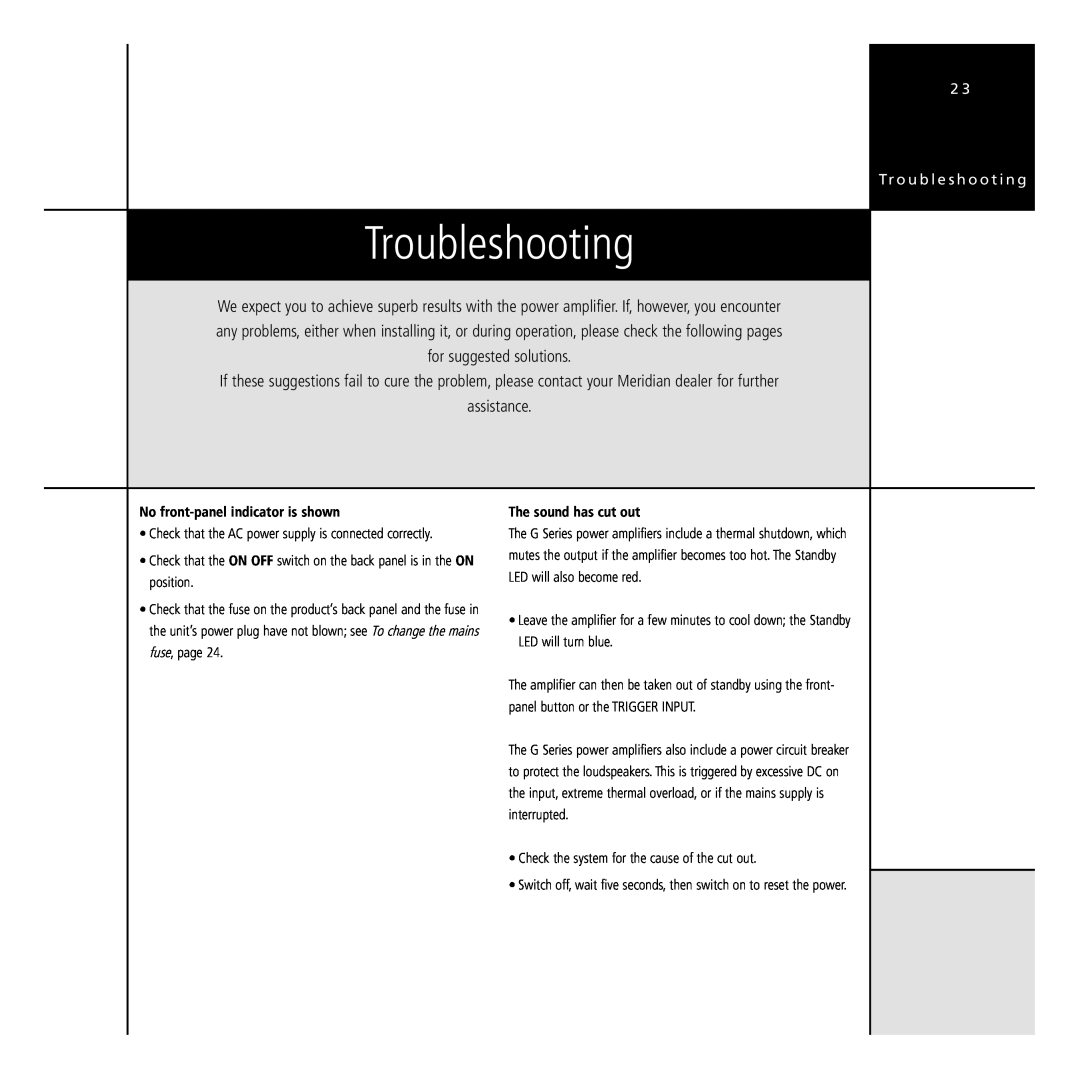 Meridian Audio G Series manual Troubleshooting 