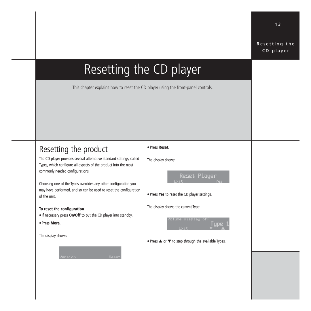 Meridian Audio G Series Resetting the CD player, Resetting the product, Reset Player, Type, To reset the configuration 