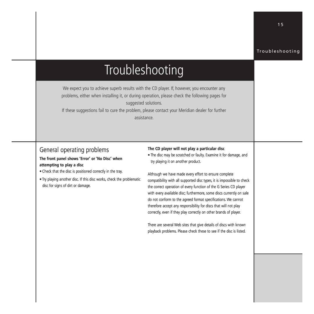 Meridian Audio G Series manual Troubleshooting, General operating problems 
