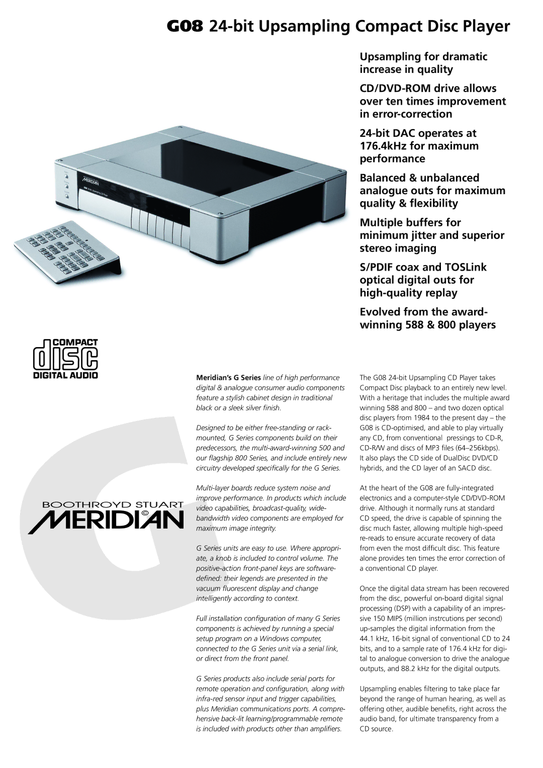 Meridian Audio manual G08 24-bit Upsampling Compact Disc Player, Evolved from the award- winning 588 & 800 players 