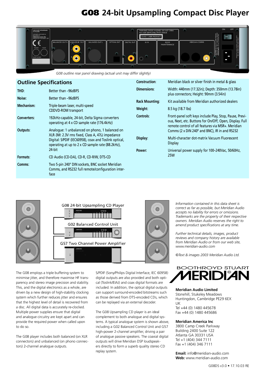 Meridian Audio G08 manual Outline Specifications 