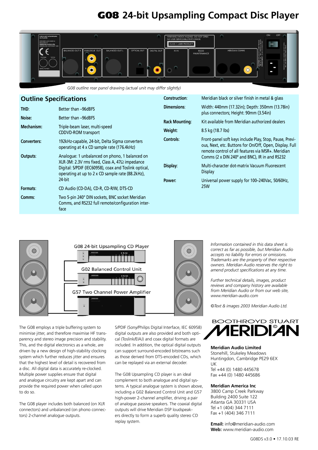 Meridian Audio manual G08 24-bitUpsampling Compact Disc Player, Outline Specifications 