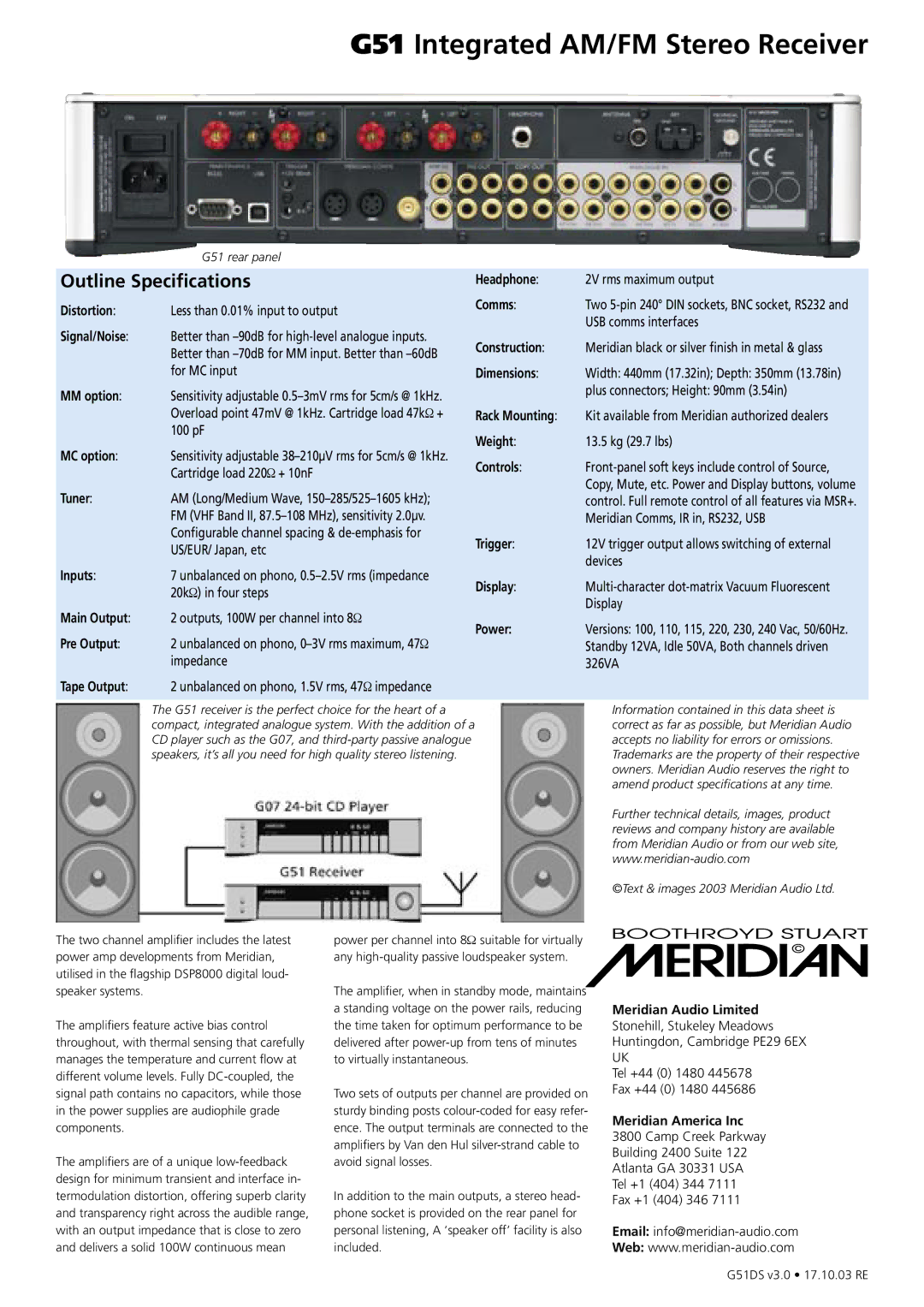 Meridian Audio G51 Outline Specifications, Rack Mounting Weight Controls Trigger Display Power, Meridian Audio Limited 