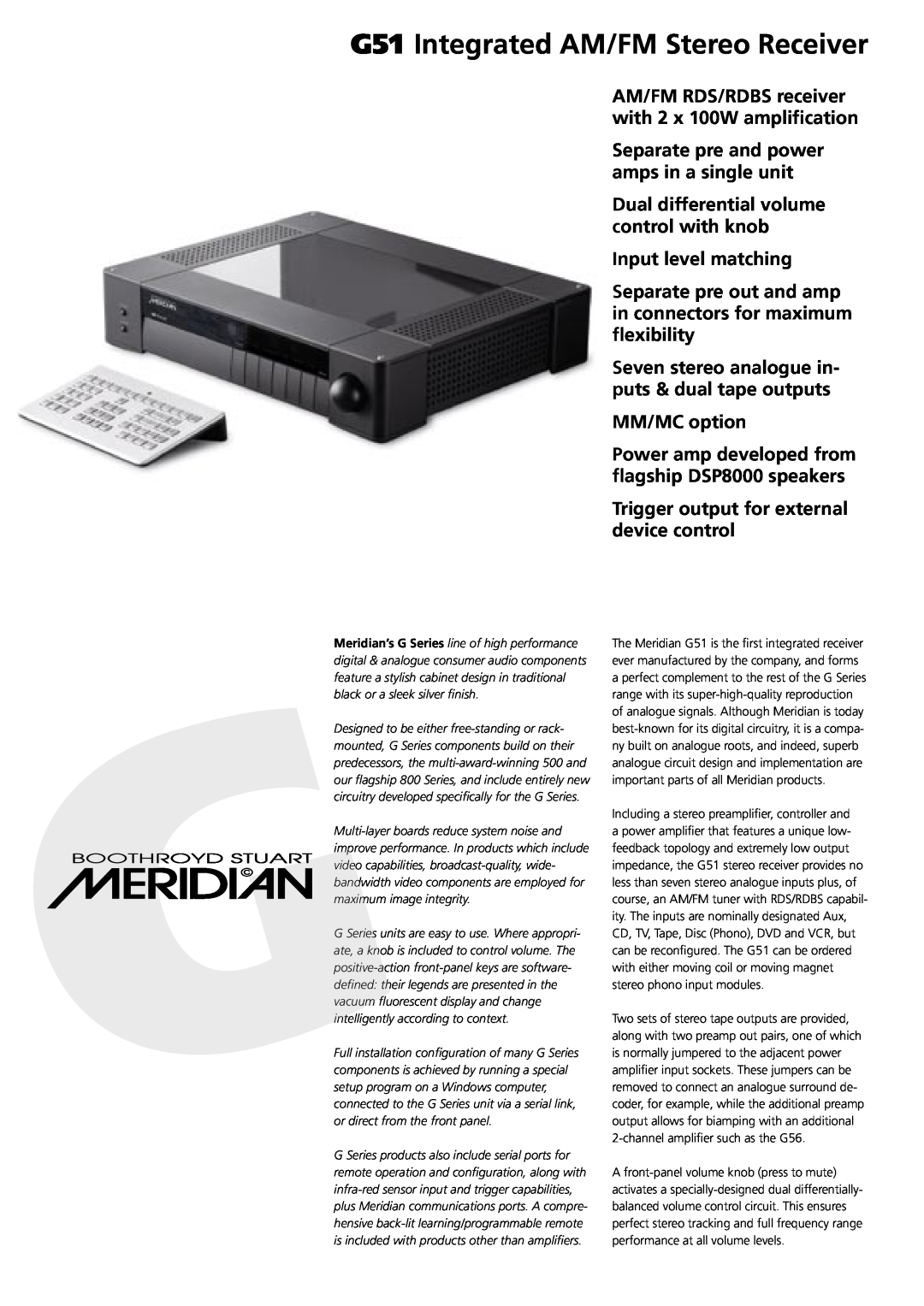 Meridian Audio manual G51 Integrated AM/FM Stereo Receiver, Separate pre and power amps in a single unit, MM/MC option 