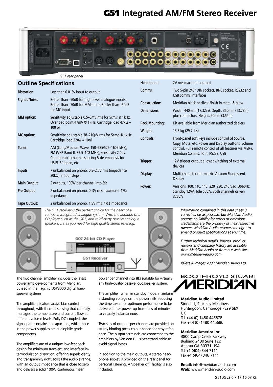 Meridian Audio manual Outline Specifications, G51 Integrated AM/FM Stereo Receiver, Power 