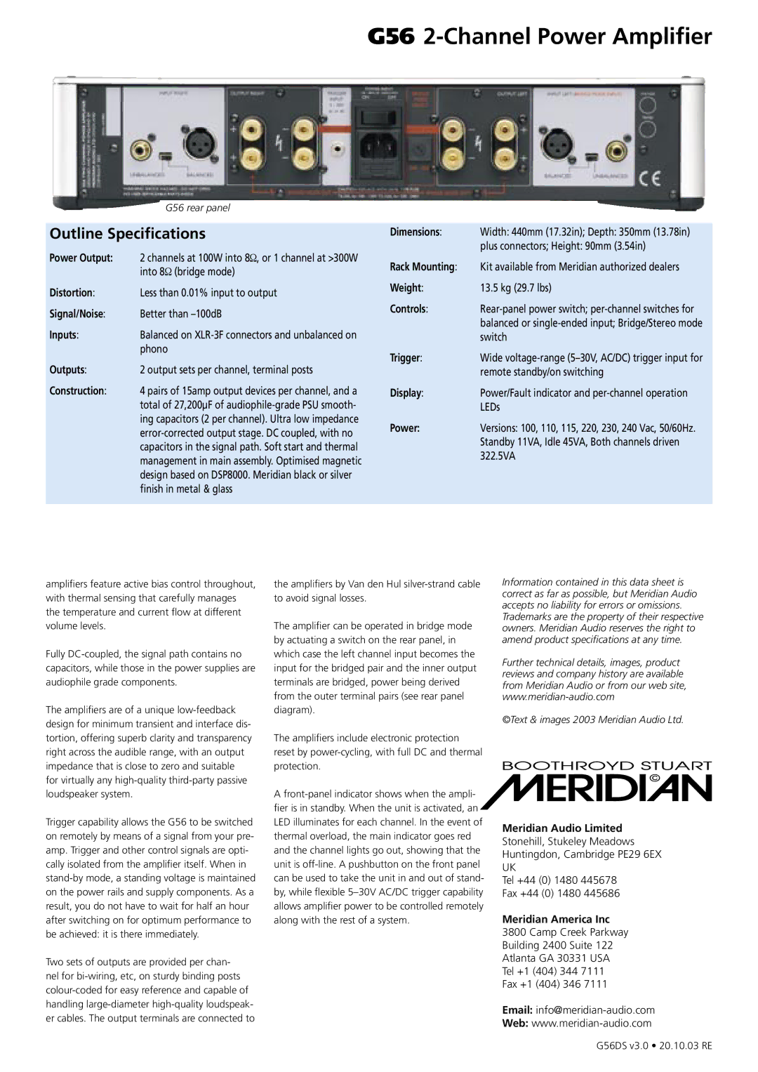 Meridian Audio G56 manual Outline Specifications, Meridian Audio Limited, Meridian America Inc 