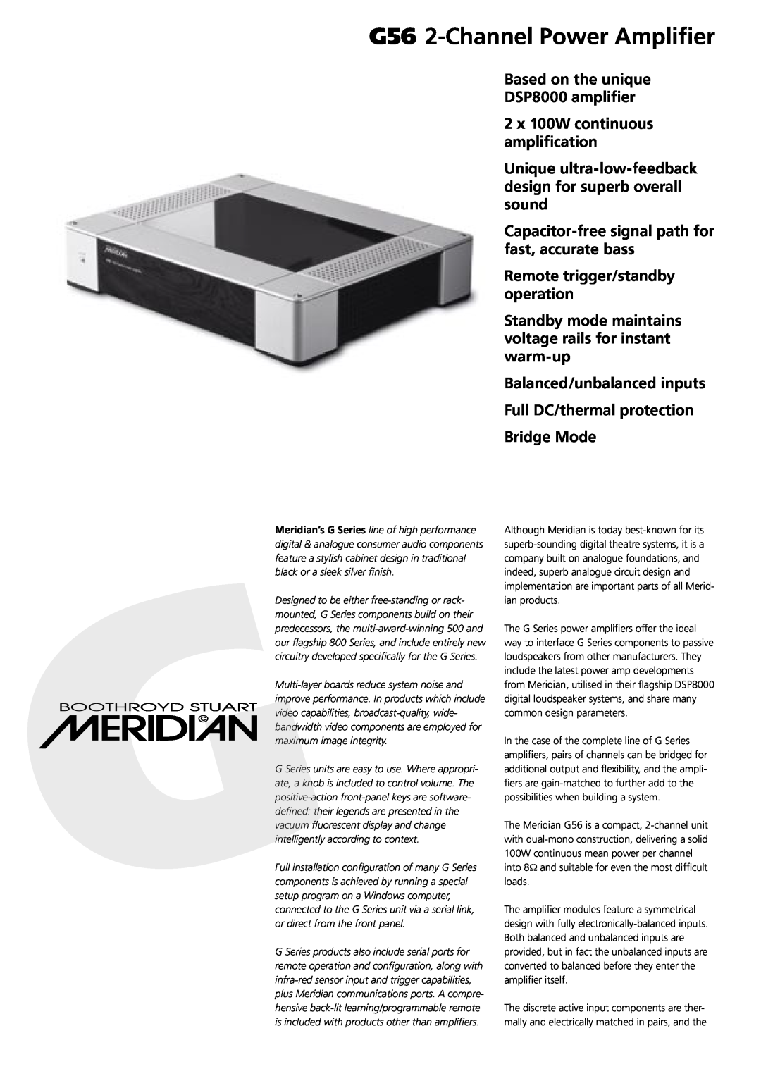 Meridian Audio manual G56 2-ChannelPower Amplifier, Based on the unique DSP8000 amplifier 