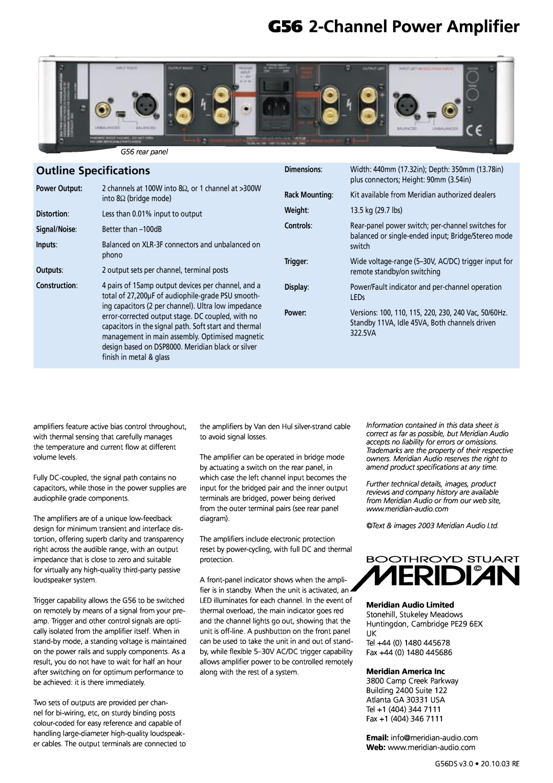 Meridian Audio manual Outline Specifications, G56 2-ChannelPower Amplifier 