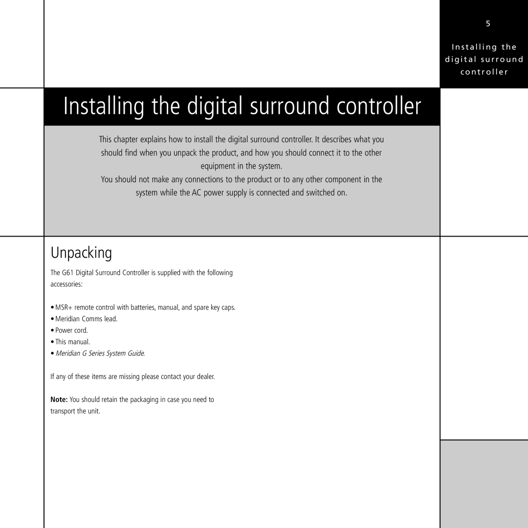 Meridian Audio G61 manual Installing the digital surround controller, Unpacking 