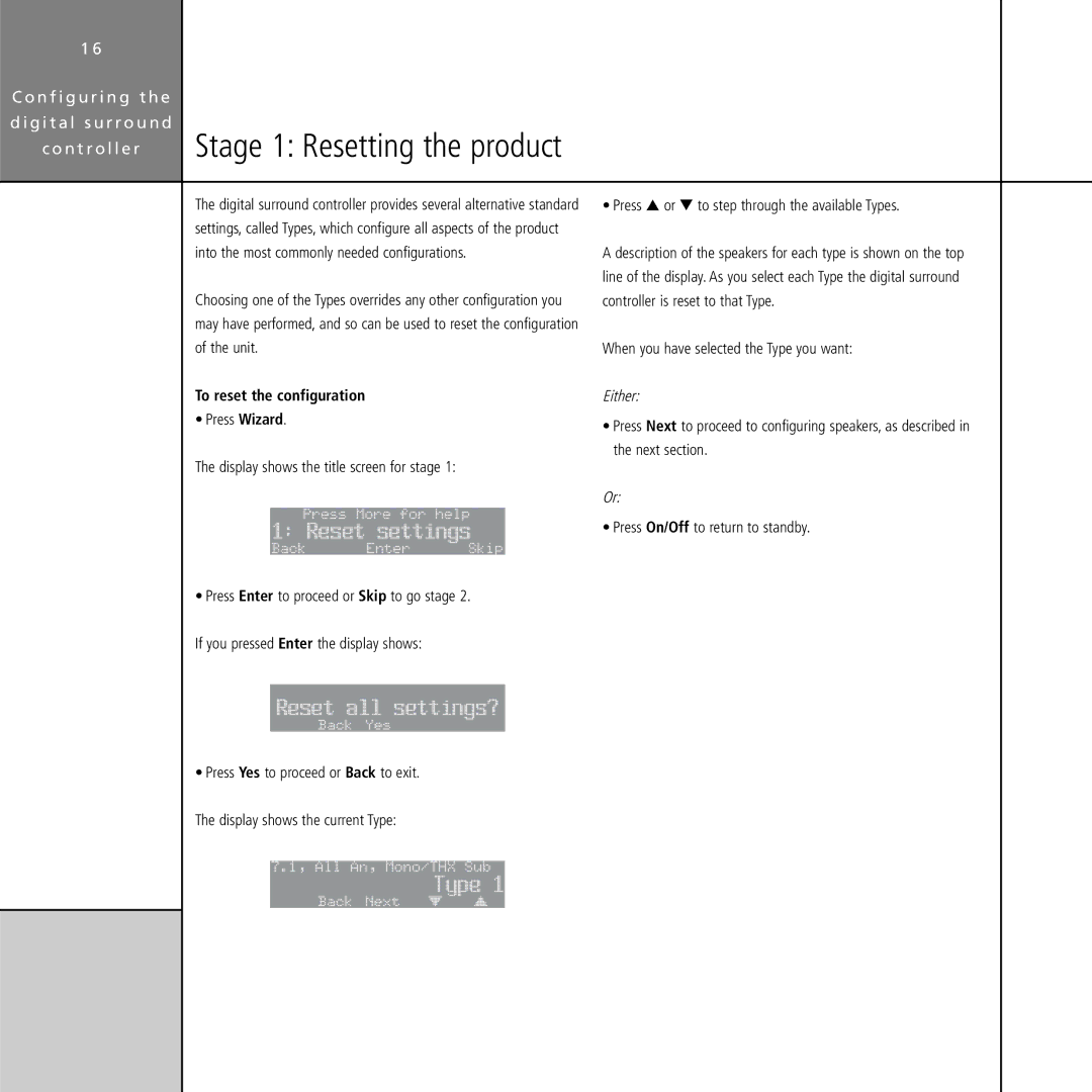 Meridian Audio G61 manual Reset settings, Reset all settings?, Type, To reset the configuration 