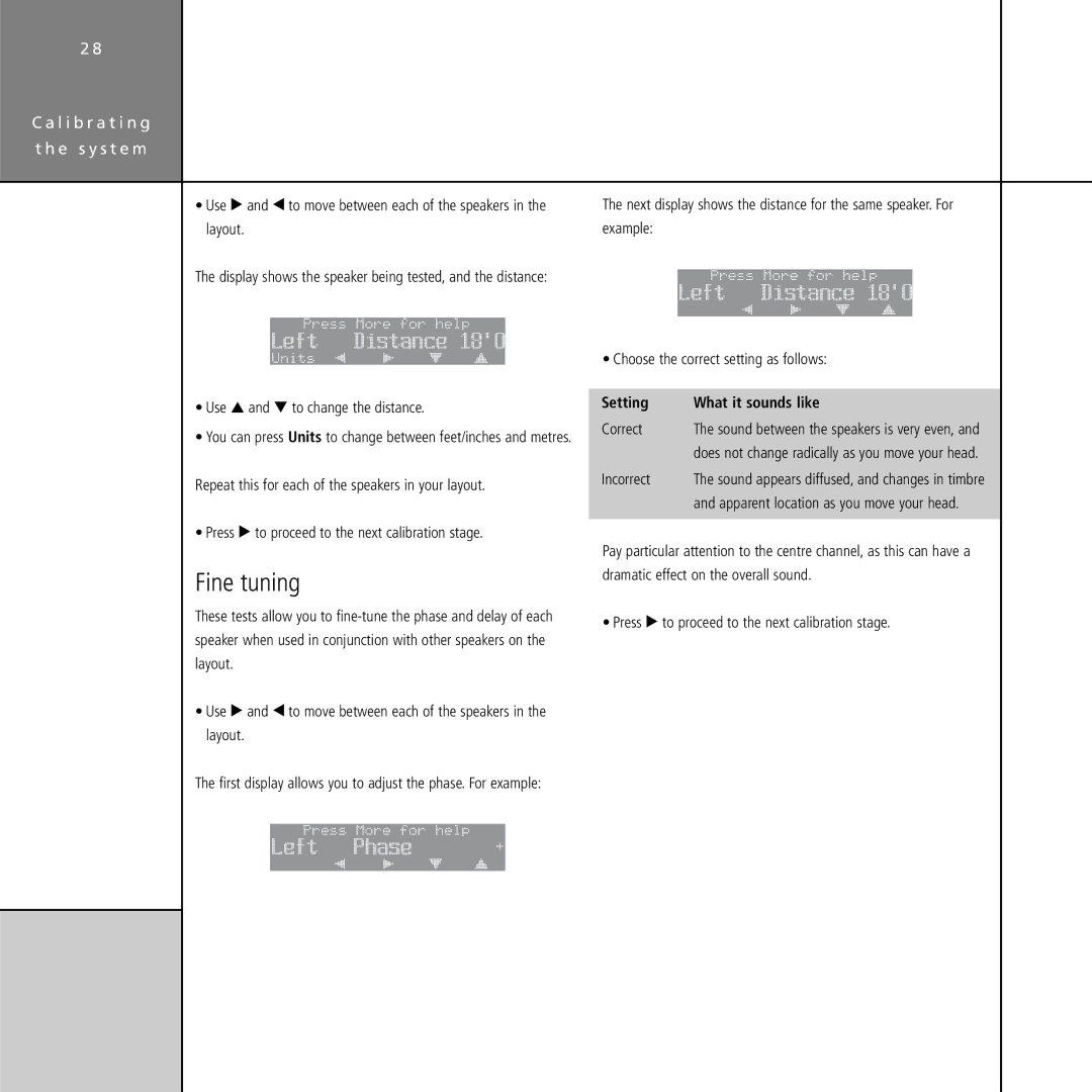 Meridian Audio G61 manual Fine tuning, Left Distance, Left Phase, Setting What it sounds like 