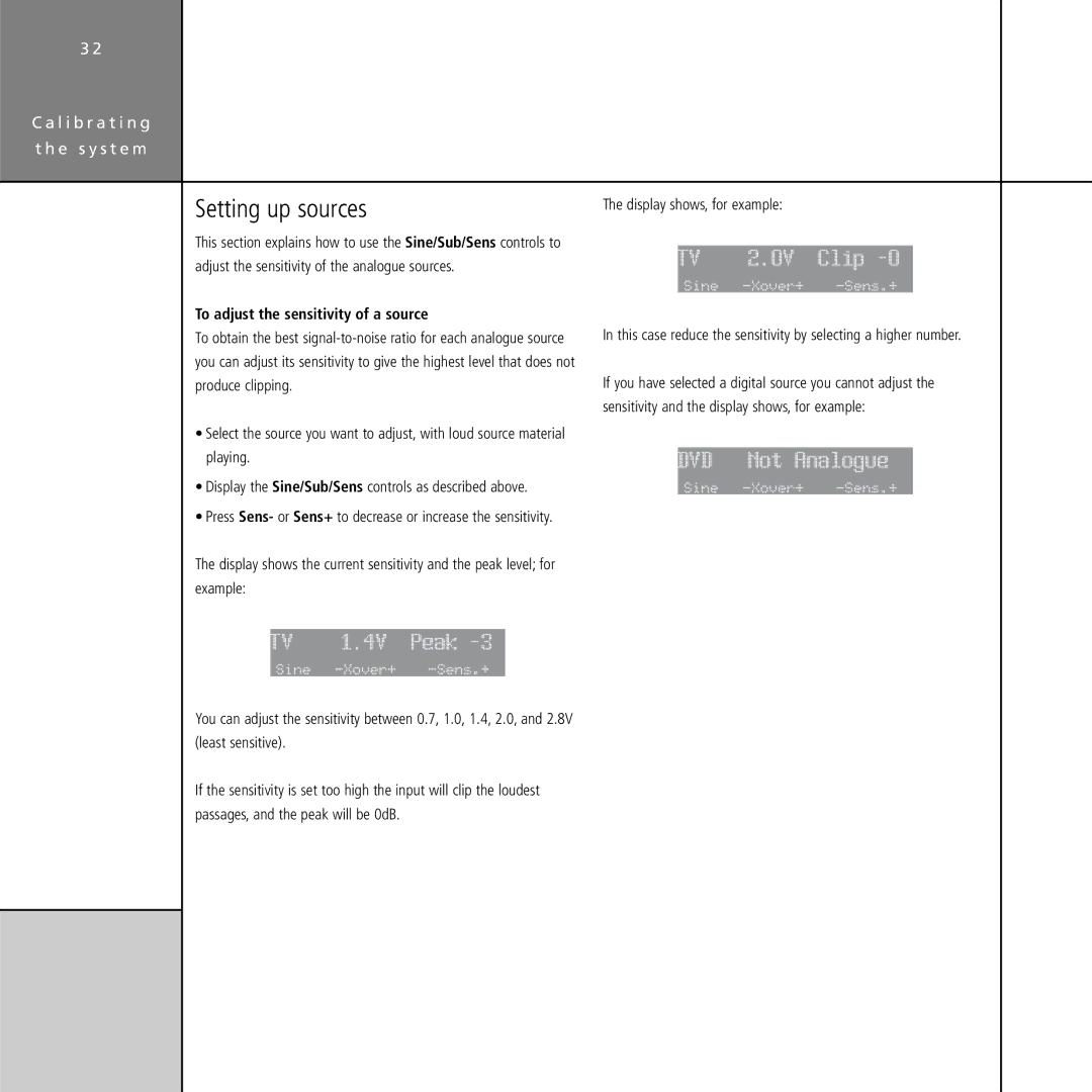 Meridian Audio G61 Setting up sources, 4V Peak, TV 2.0V Clip, DVD Not Analogue, To adjust the sensitivity of a source 