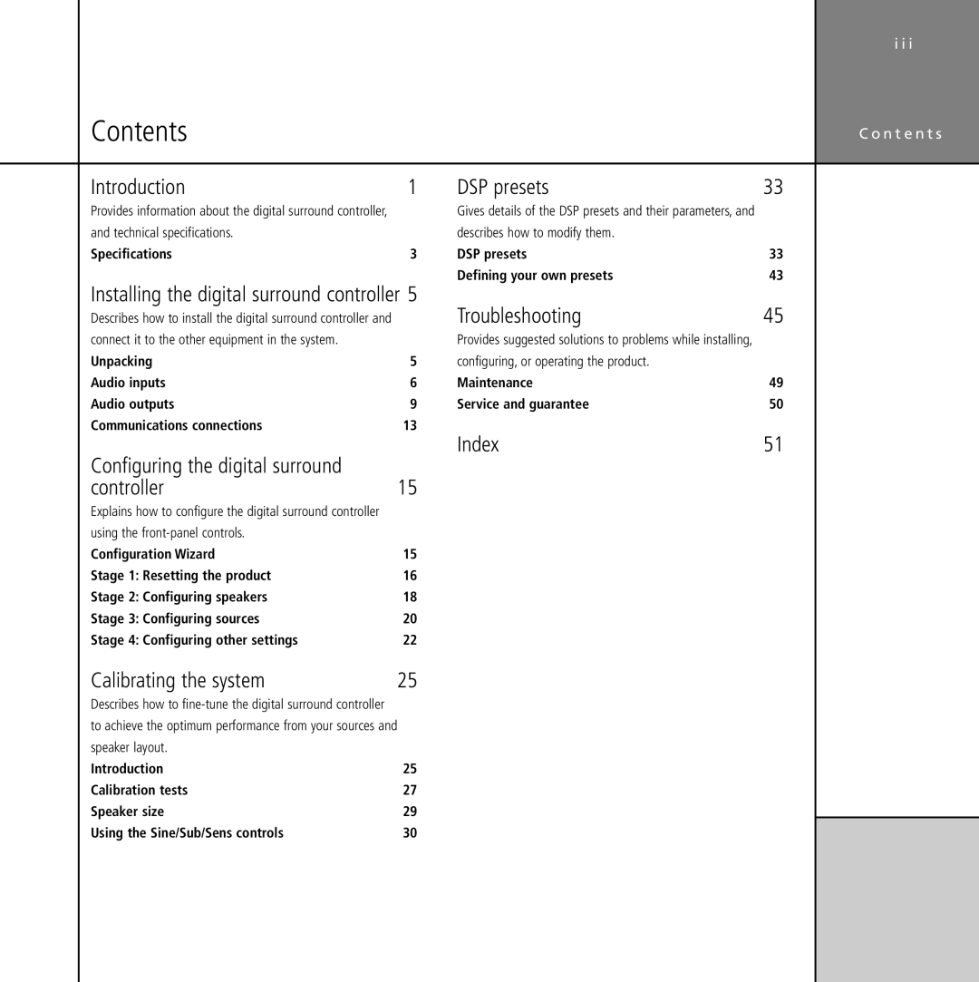 Meridian Audio G61 manual Contents 