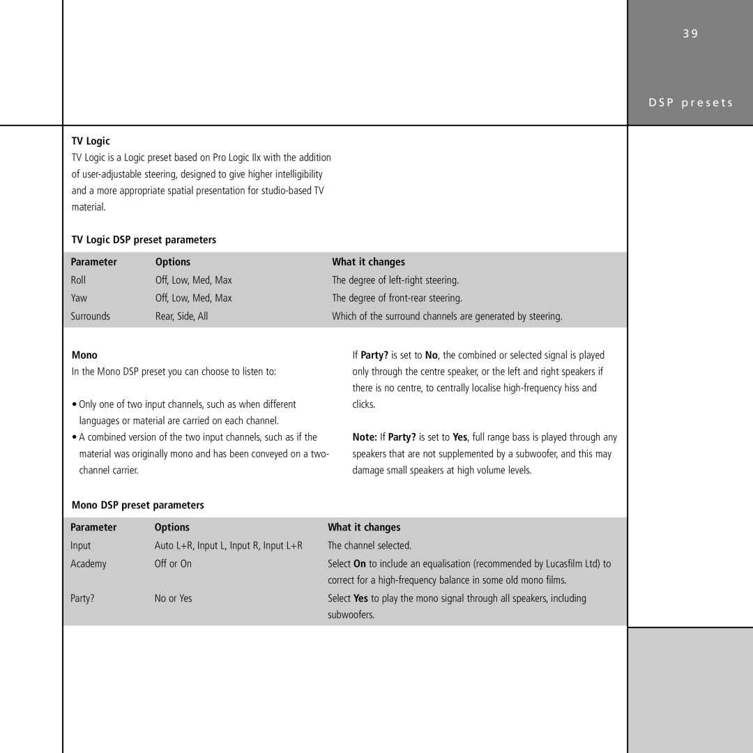 Meridian Audio G61 manual TV Logic, Mono DSP preset parameters, Parameter Options 