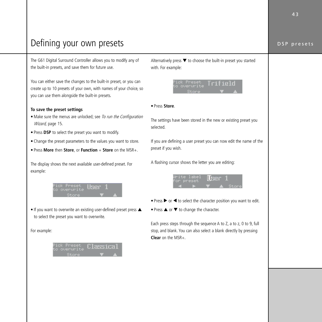 Meridian Audio G61 manual Defining your own presets, To save the preset settings, For example 