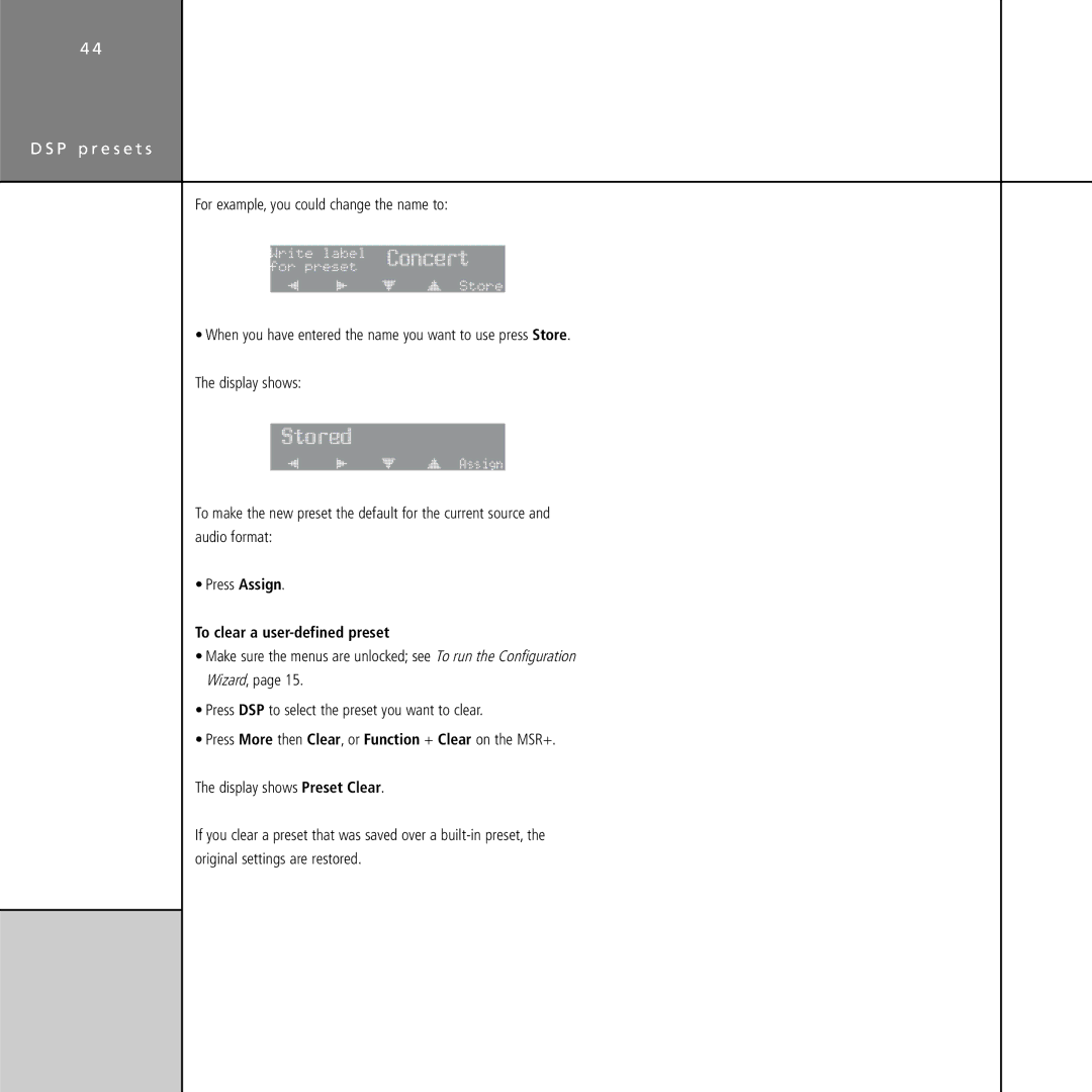 Meridian Audio G61 manual Stored, For example, you could change the name to, To clear a user-defined preset 