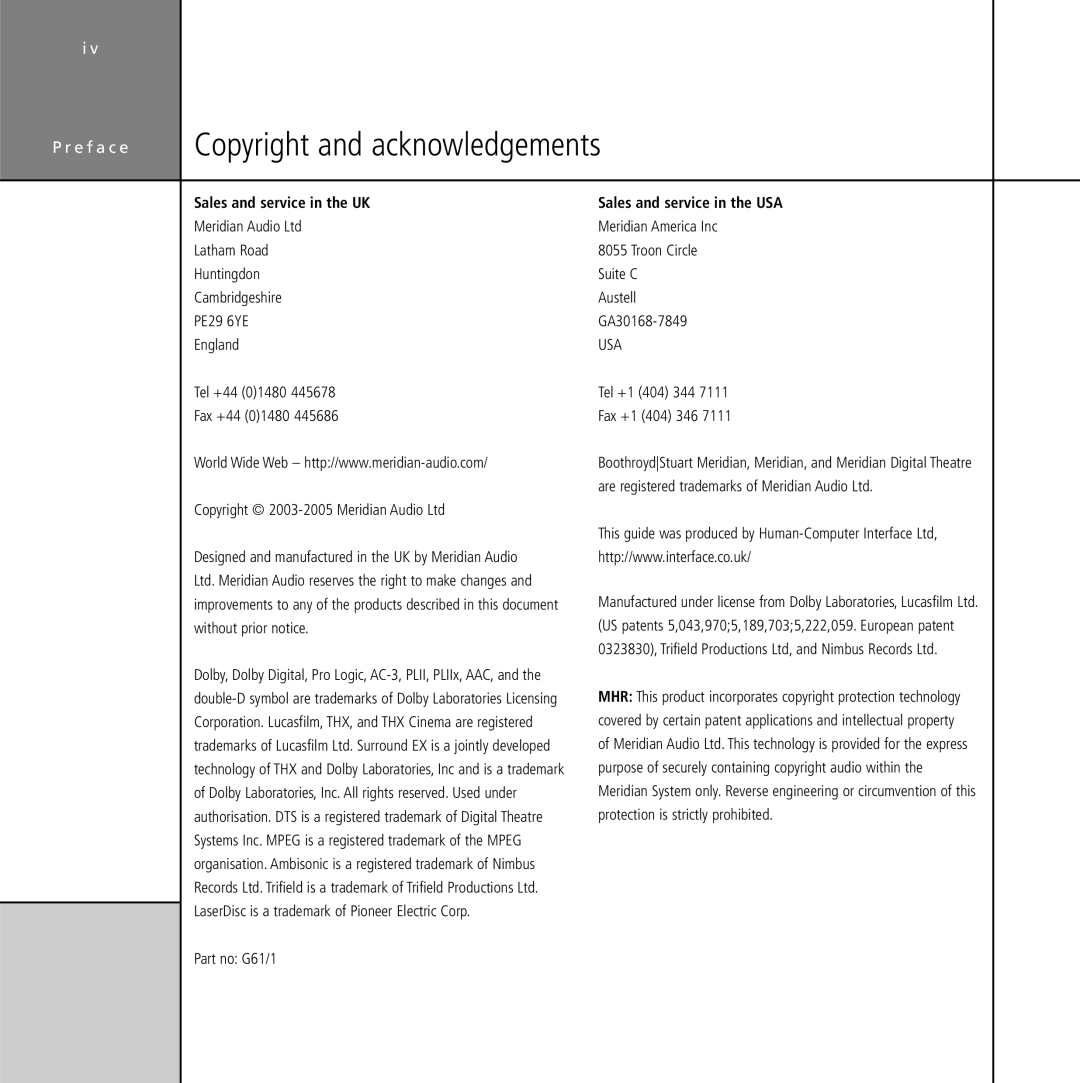 Meridian Audio G61 manual Copyright and acknowledgements, Sales and service in the UK, Sales and service in the USA 