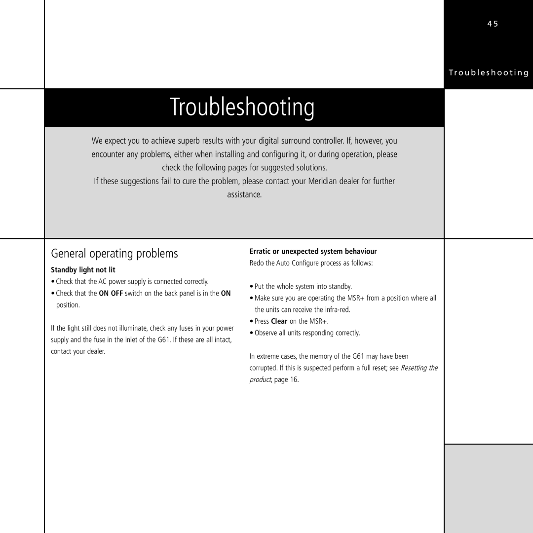 Meridian Audio G61 manual Troubleshooting, General operating problems, Standby light not lit 