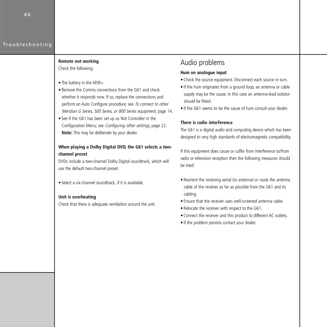 Meridian Audio G61 manual Audio problems, Remote not working, Unit is overheating, Hum on analogue input 