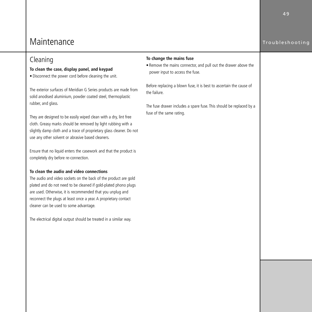 Meridian Audio G61 manual Maintenance, Cleaning, To clean the case, display panel, and keypad, To change the mains fuse 