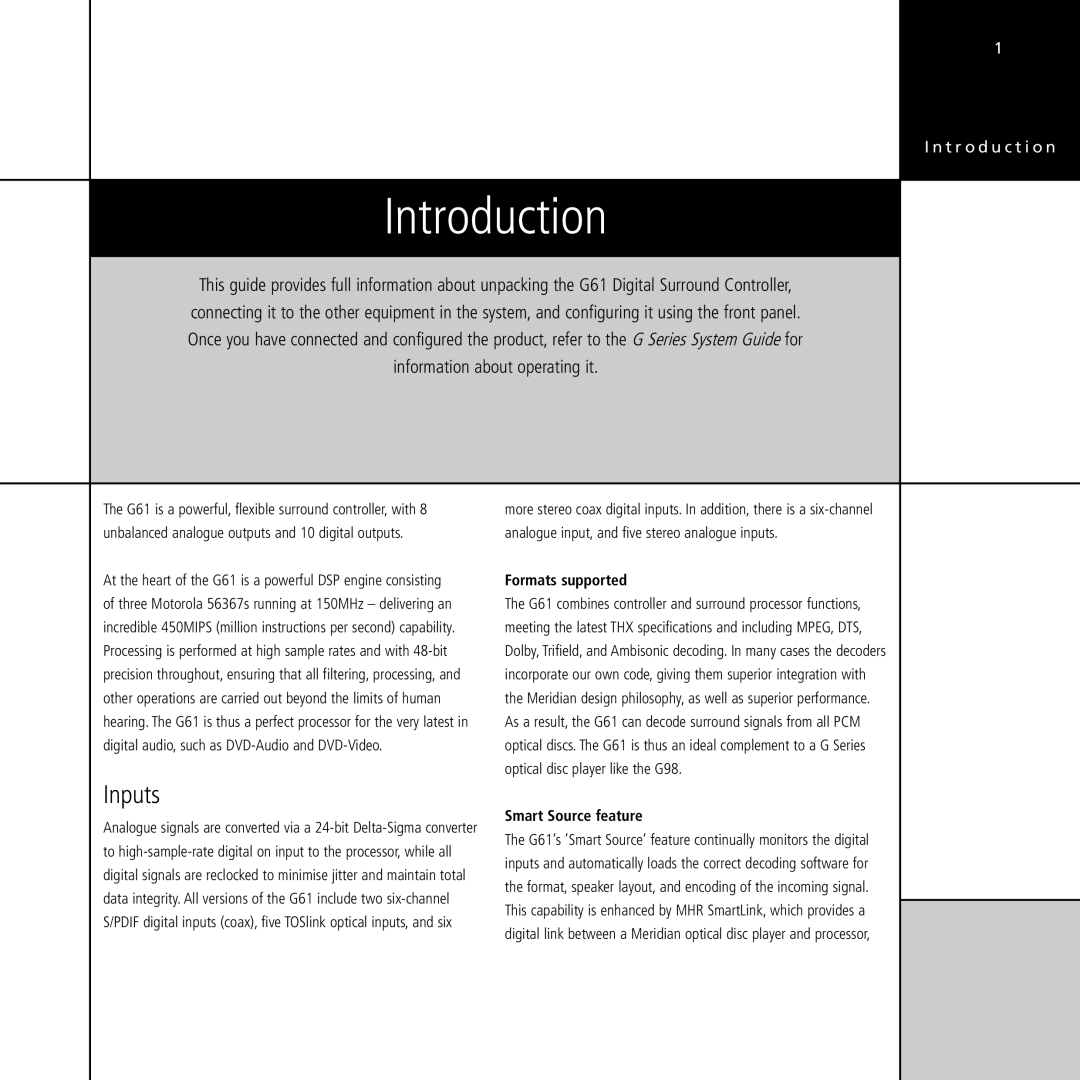 Meridian Audio G61 manual Introduction, Inputs, Formats supported, Smart Source feature 