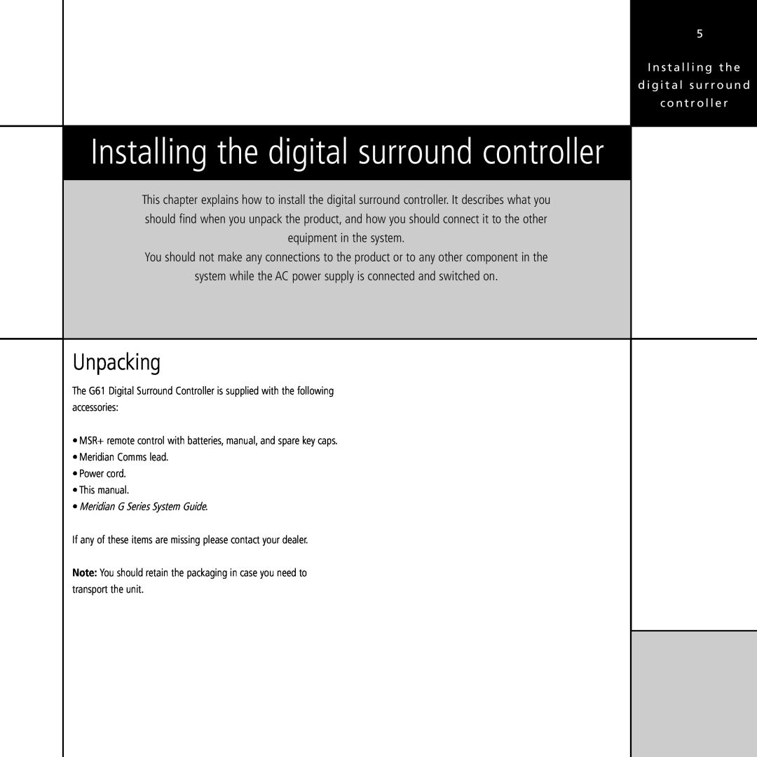 Meridian Audio G61 manual Installing the digital surround controller, Unpacking 