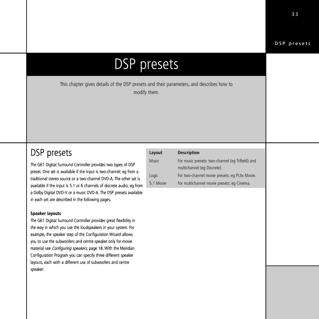 Meridian Audio G61 manual DSP presets, D S P p r e s e t s 
