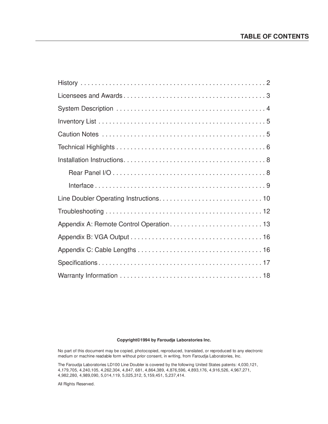 Meridian Audio LD100/LD100U manual Table of Contents 