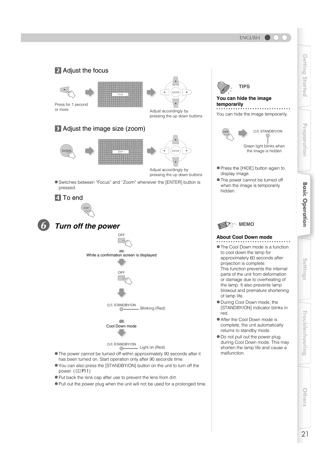 Meridian Audio MF-10 manual Turn off the power, You can hide the image Temporarily, About Cool Down mode 