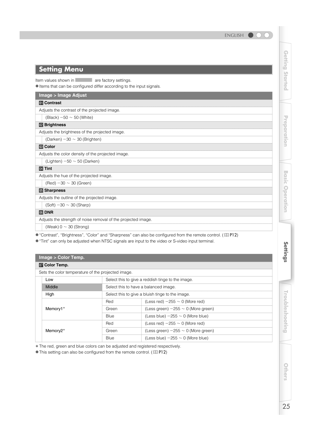 Meridian Audio MF-10 manual Setting Menu, Image Image Adjust, Image Color Temp 