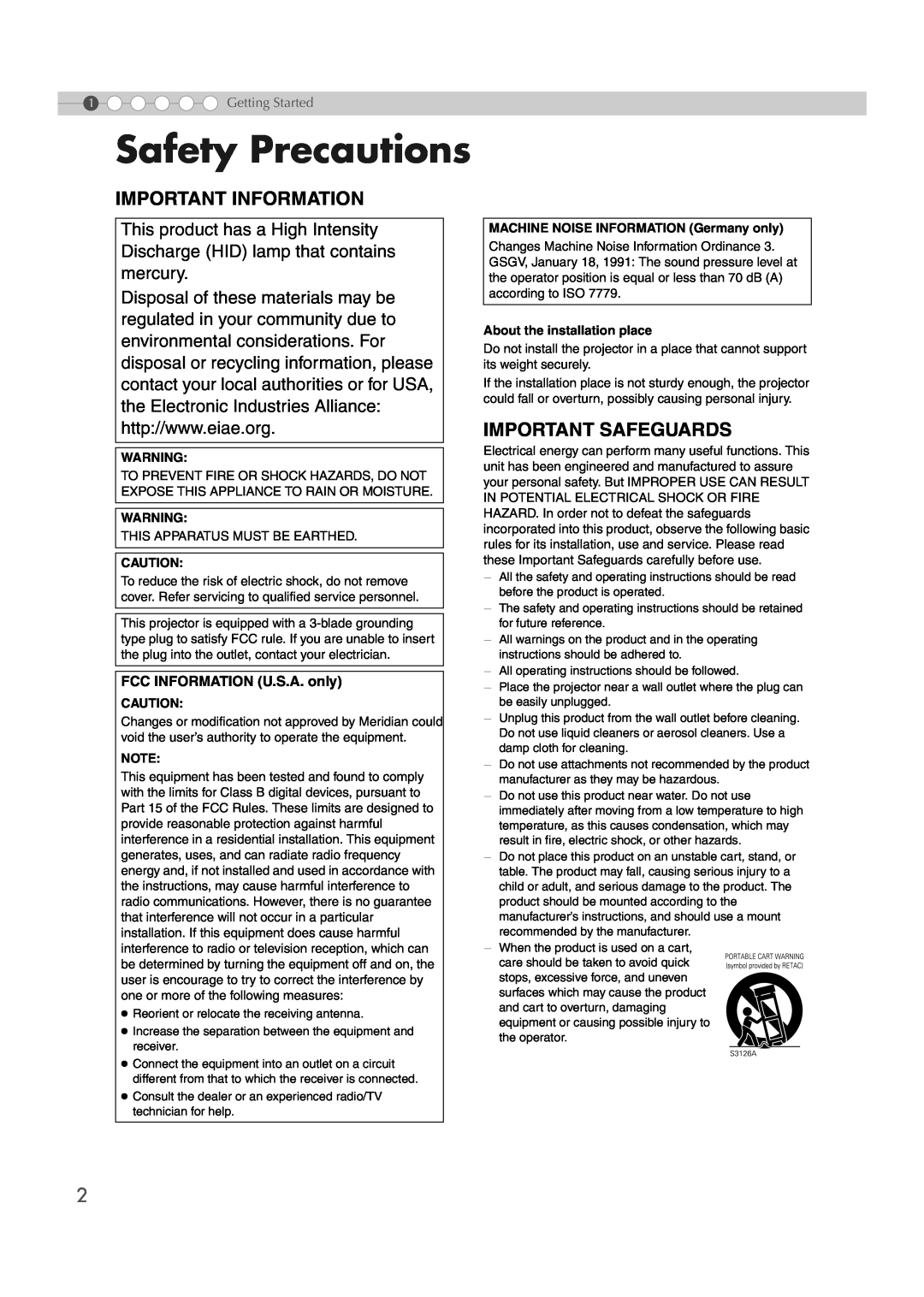 Meridian Audio MF-10 manual Safety Precautions, Important Information, Important Safeguards, FCC INFORMATION U.S.A. only 