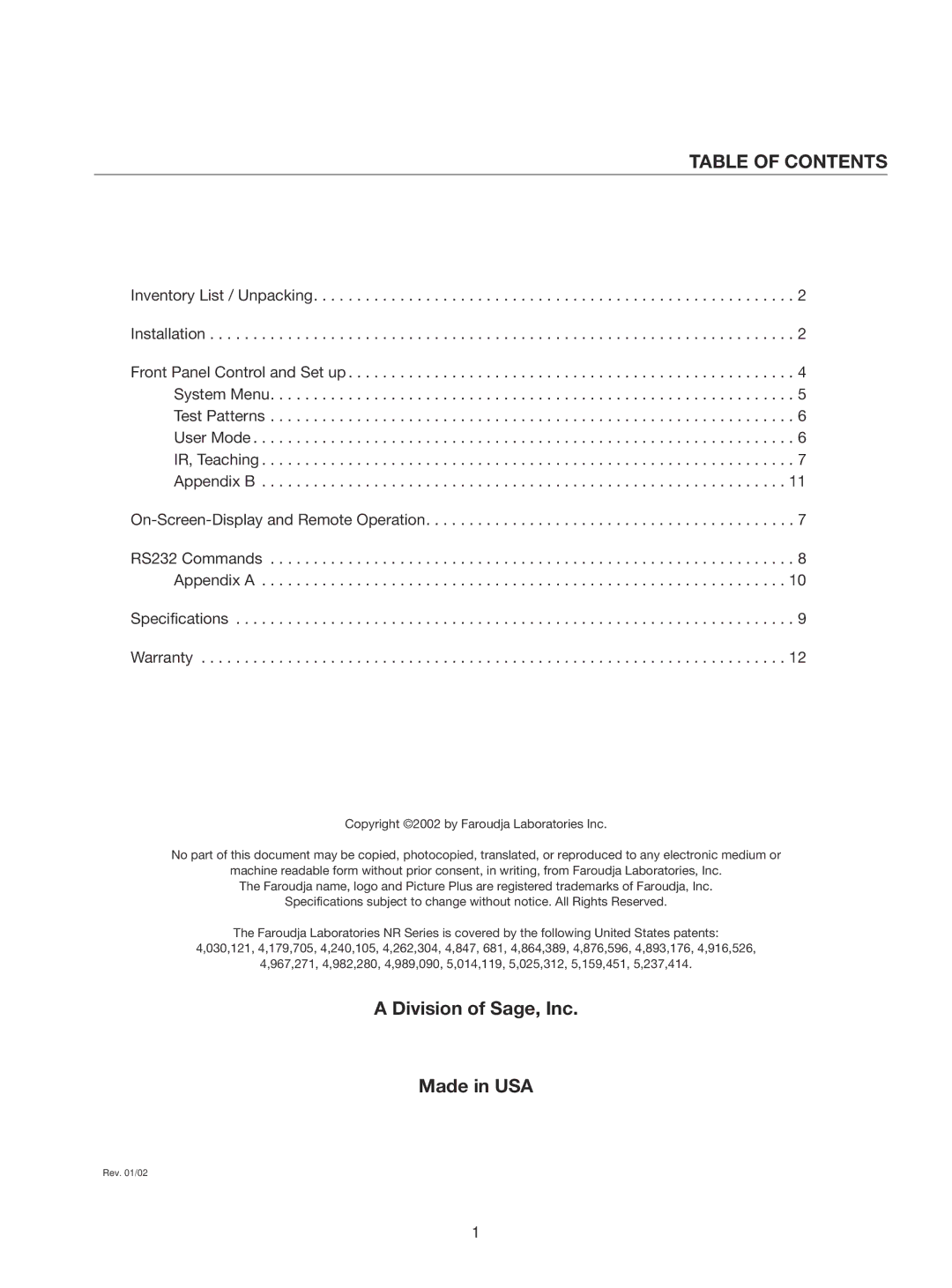 Meridian Audio Native Rate Series Plus manual Table of Contents 