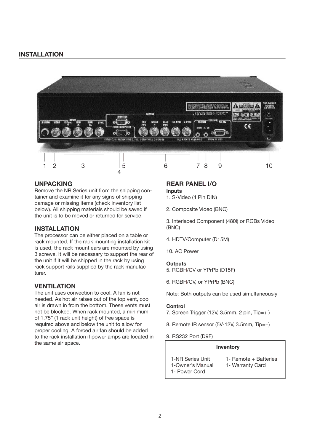 Meridian Audio Native Rate Series Plus manual Installation Unpacking, Ventilation Rear Panel I/O 