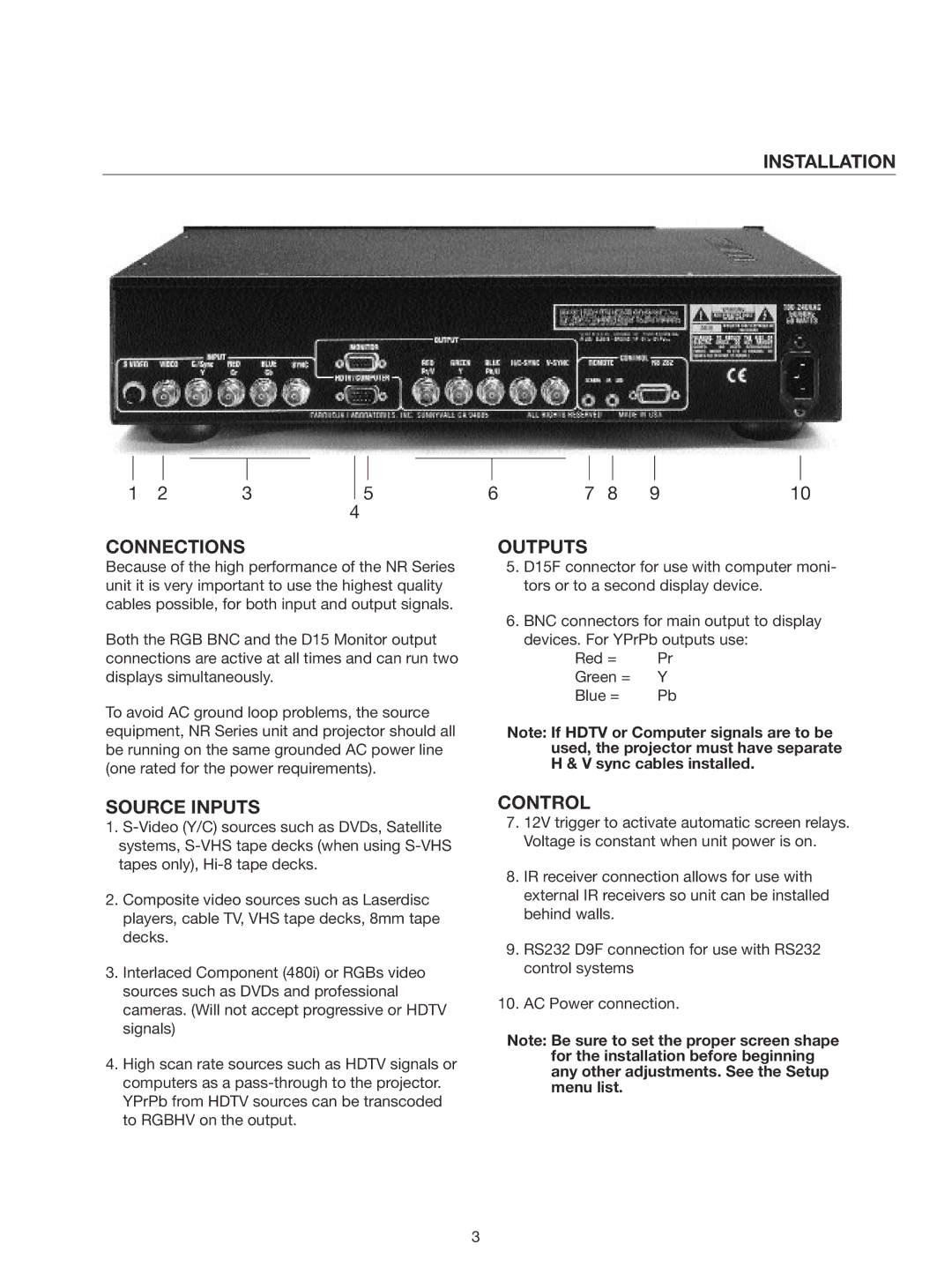 Meridian Audio Native Rate Series Plus manual Installation Connections, Outputs, Source Inputs, Control 