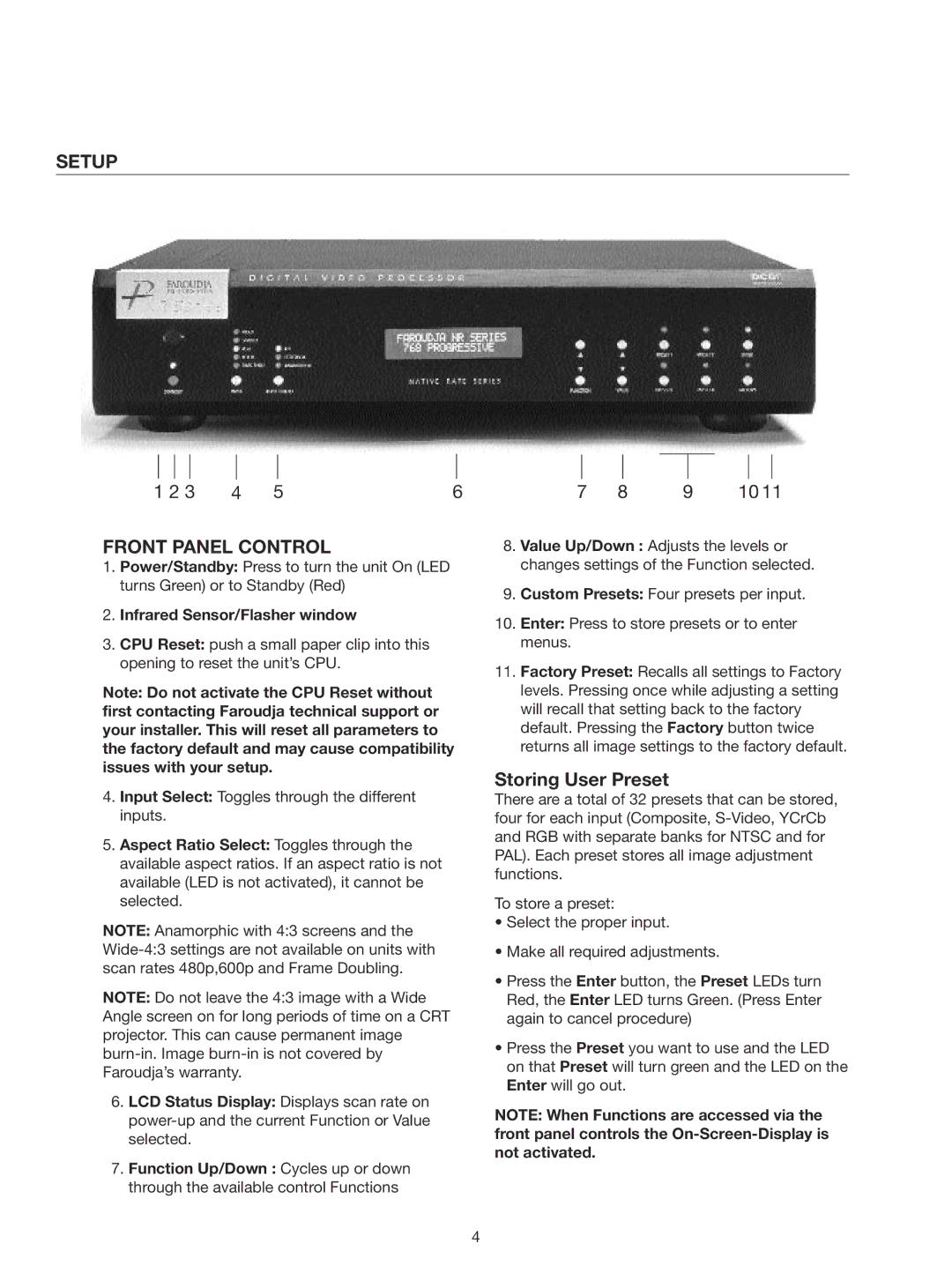 Meridian Audio Native Rate Series manual Setup Front Panel Control, Storing User Preset, Infrared Sensor/Flasher window 