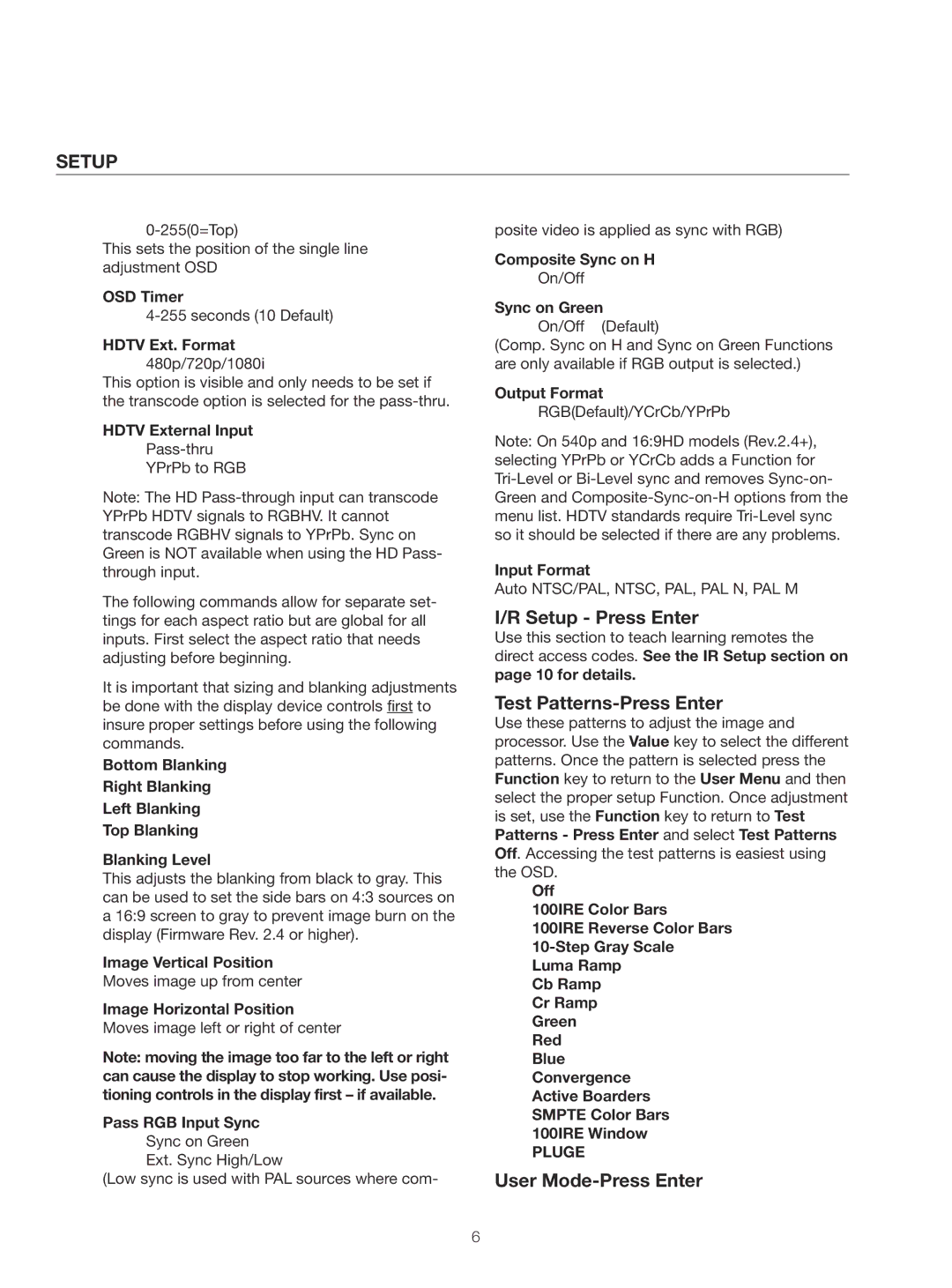 Meridian Audio Native Rate Series manual Setup Press Enter, Test Patterns-Press Enter, User Mode-Press Enter 