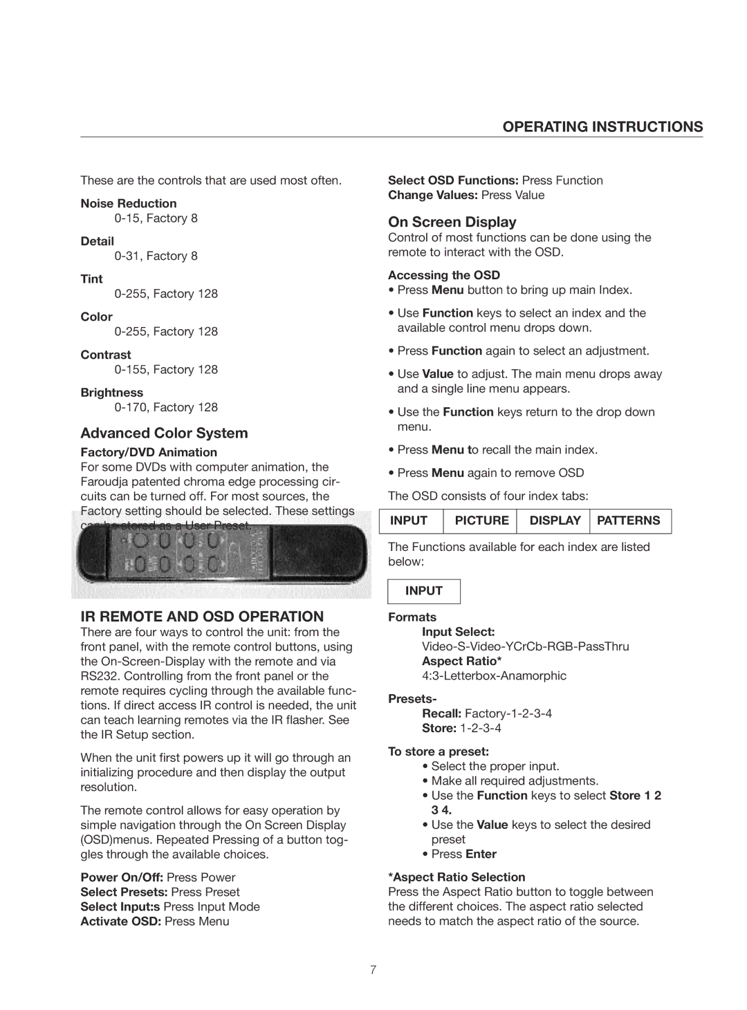 Meridian Audio Native Rate Series Plus manual Operating Instructions, Advanced Color System, IR Remote and OSD Operation 