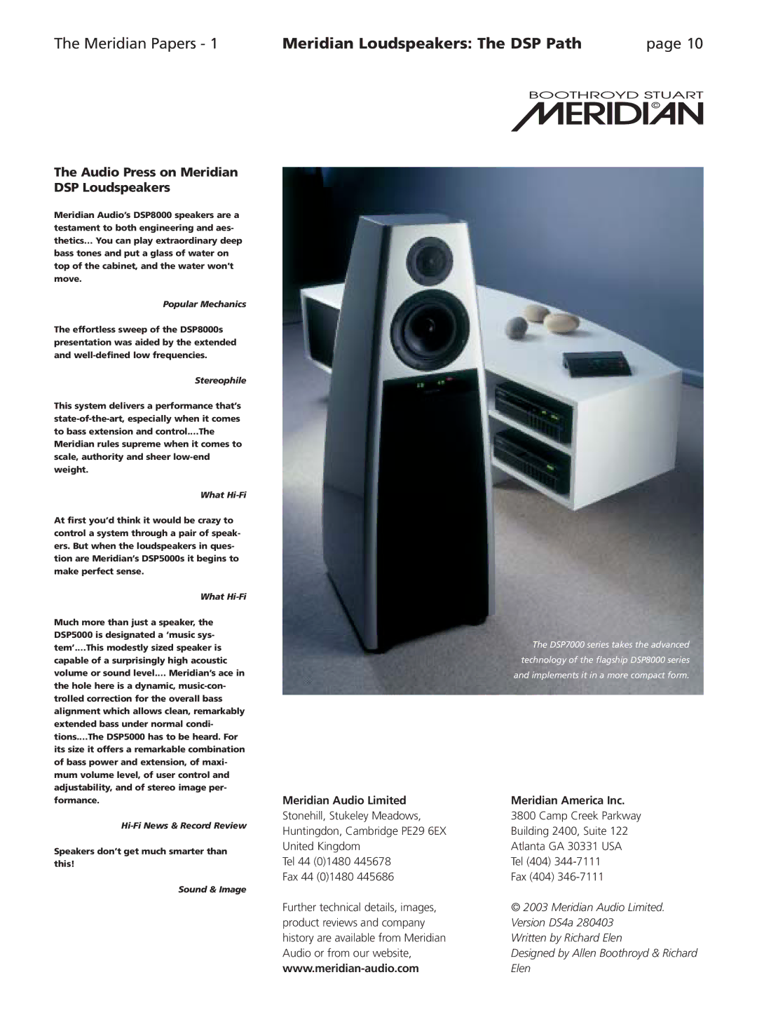 Meridian Audio Speaker manual Audio Press on Meridian DSP Loudspeakers, Popular Mechanics 