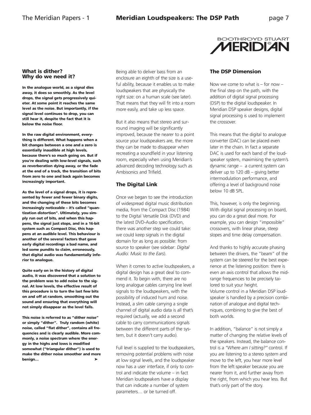 Meridian Audio Speaker manual What is dither? Why do we need it?, Digital Link, DSP Dimension 