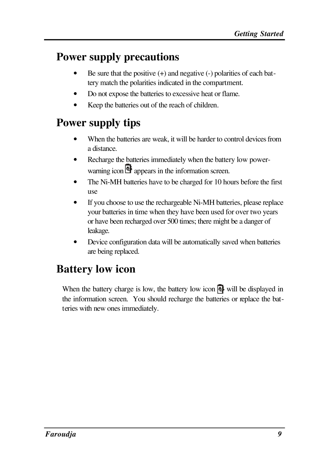 Meridian Audio SRC-2010 operation manual Power supply precautions, Power supply tips, Battery low icon 