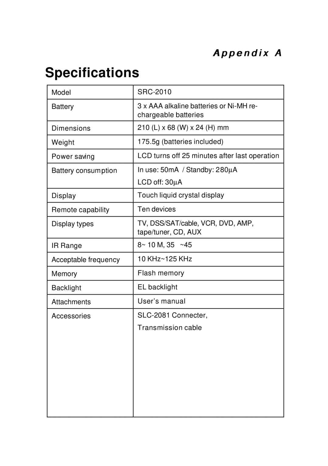 Meridian Audio SRC-2010 operation manual Specifications 