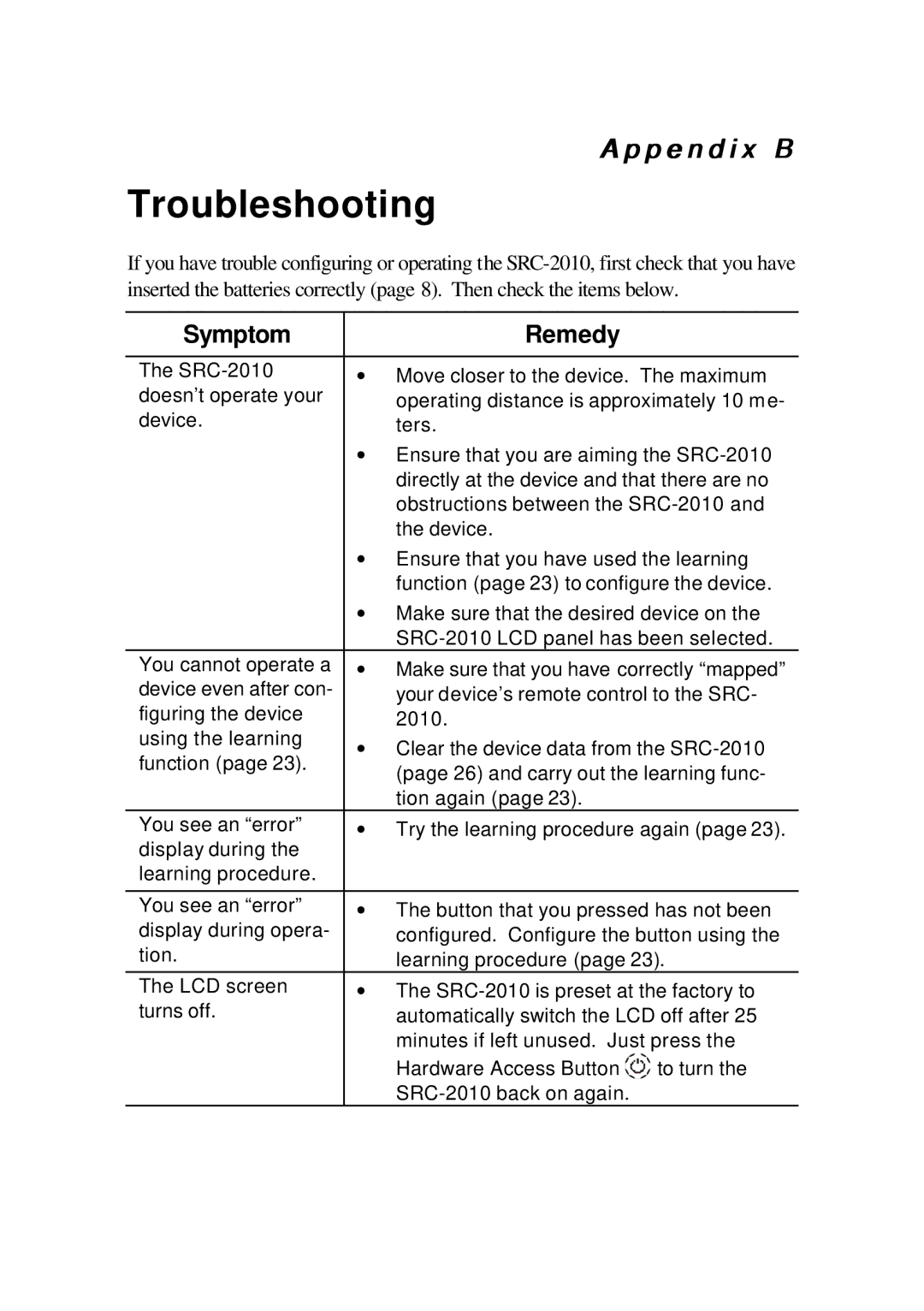 Meridian Audio SRC-2010 operation manual Troubleshooting, Symptom Remedy 