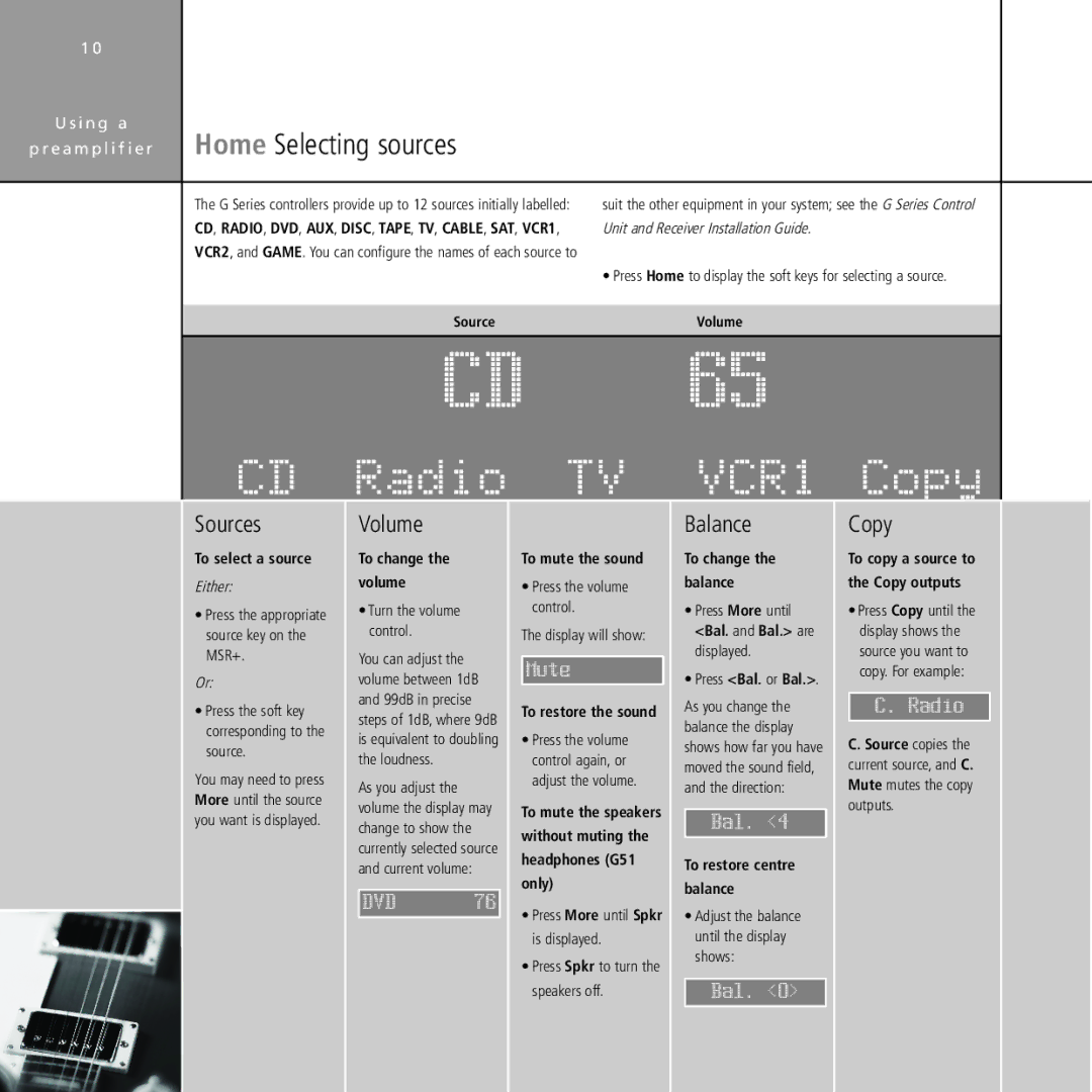 Meridian Audio Stereo System manual Sources, Volume, Balance, Copy 