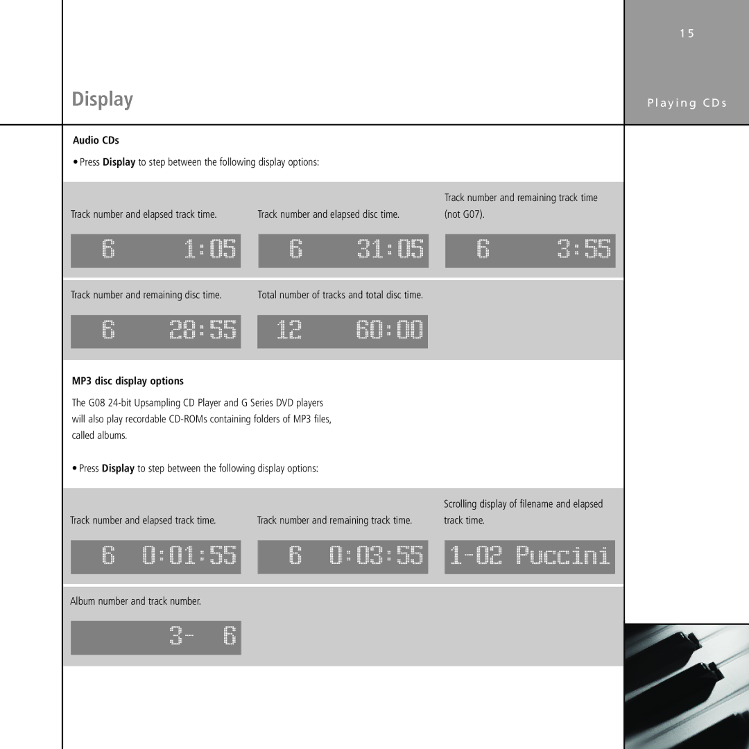 Meridian Audio Stereo System manual Audio CDs, Press Display to step between the following display options 