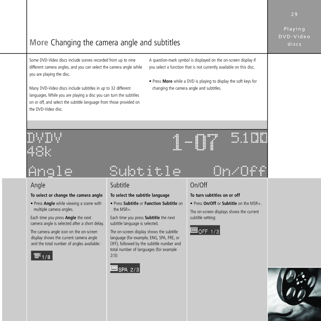 Meridian Audio Stereo System manual 48k Angle Subtitle On/Off, More Changing the camera angle and subtitles 